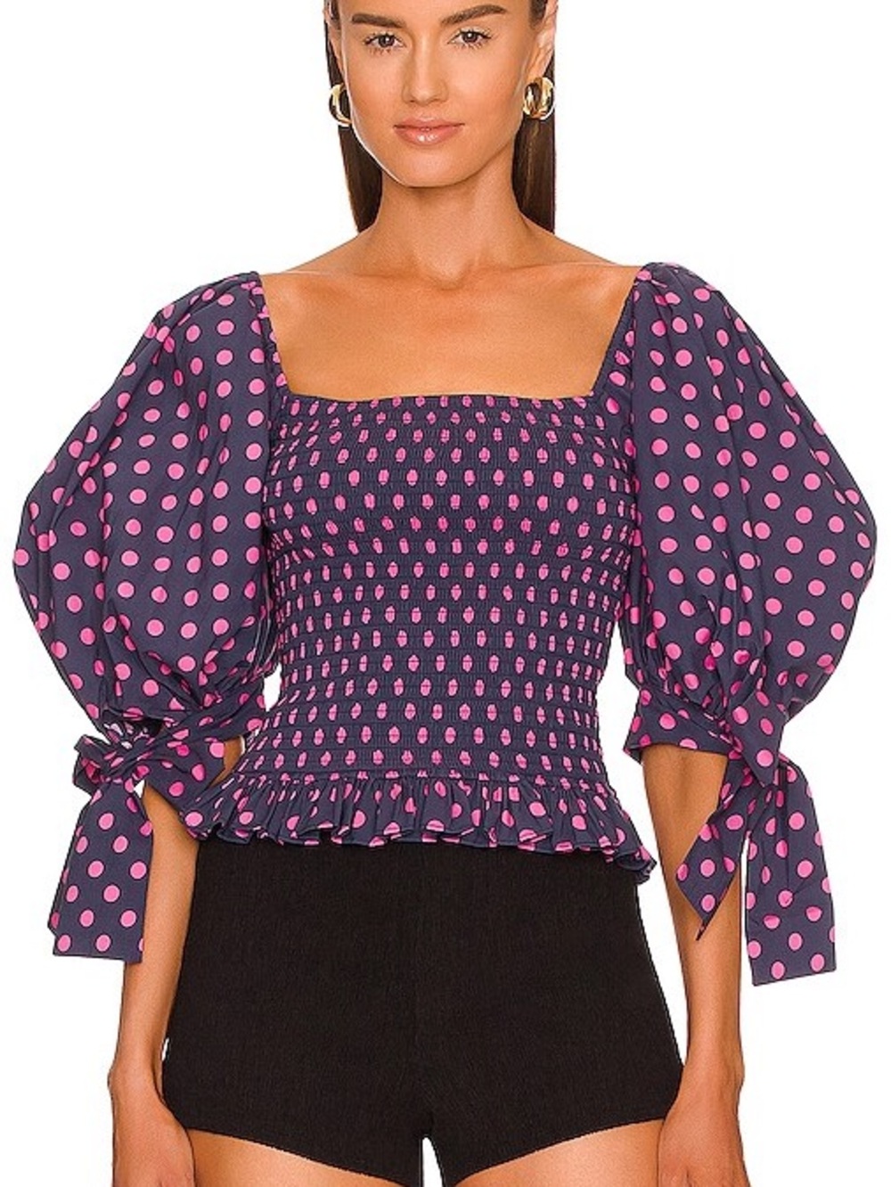 Caroline Constas Nora Top in Navy Fuchsia Polka Dot